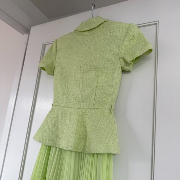 NWT Self-Portrait Lime Boucle Chiffon Midi Dress Green Sz 0 Tailored Fit Pleated - Picture 10 of 12